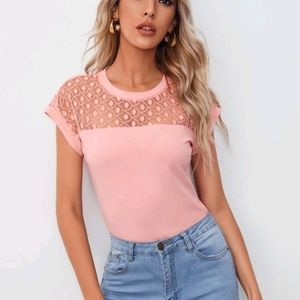 SHEIN Scalloped Lace Mesh Yoke Top